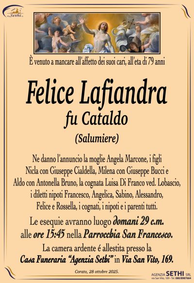 ANNUNCIO Felice Lafiandra fu Cataldo (salumiere) senza foto ANNUNCIO Felice Lafiandra fu Cataldo (salumiere) senza foto