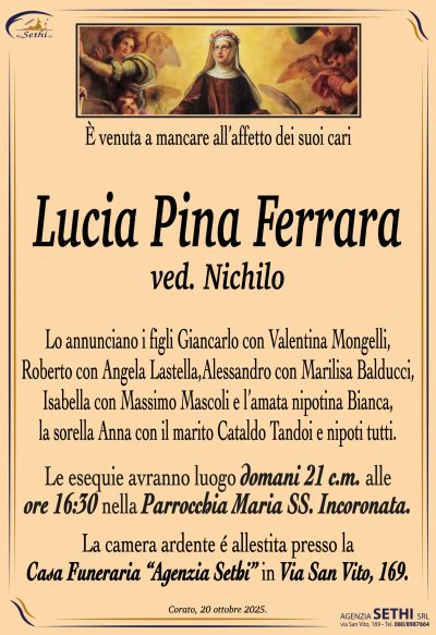 ANNUNCIO Lucia Pina Ferrara ved. Nichilo senza foto