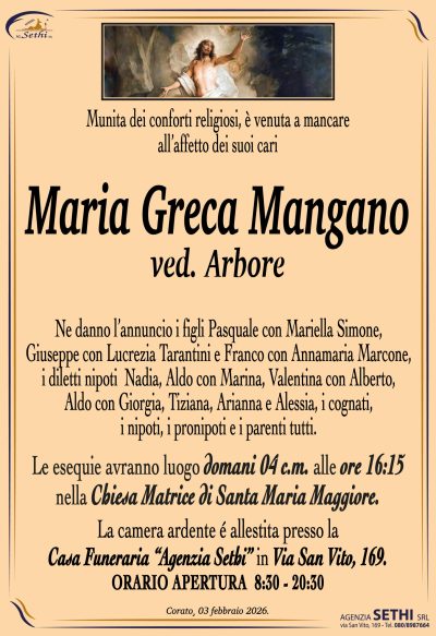 ANNUNCIO Maria Greca Mangano ved. Arbore senza foto