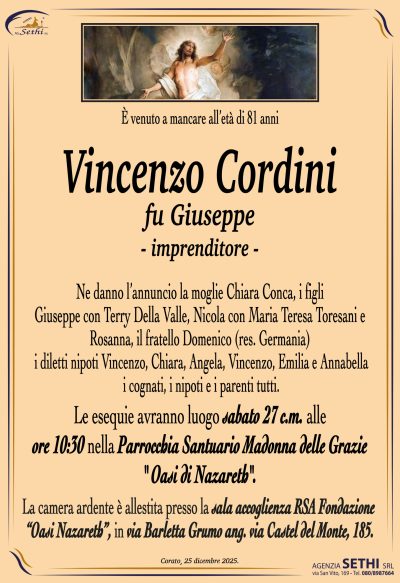ANNUNCIO Vincenzo Cordini fu GIuseppe (imprenditore) senza foto