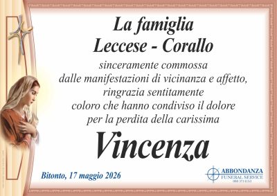 RINGRAZIAMENTO Vincenza Corallo vedova Leccese
